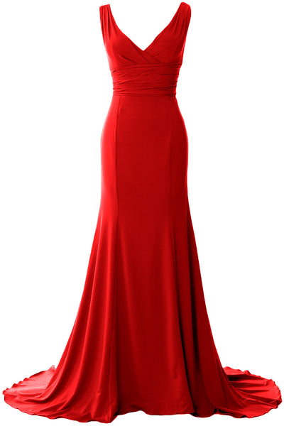 MACloth Long Mermaid Jersey Prom Dresses V-Neck Sleeveless Evening Party Gown