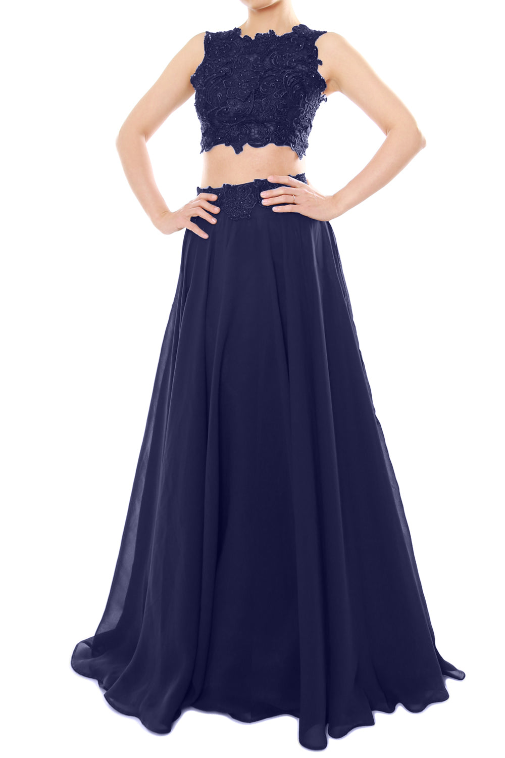 MACloth Vestido largo de gasa con encaje y cuello alto de dos piezas para mujer, vestido de fiesta formal para graduación