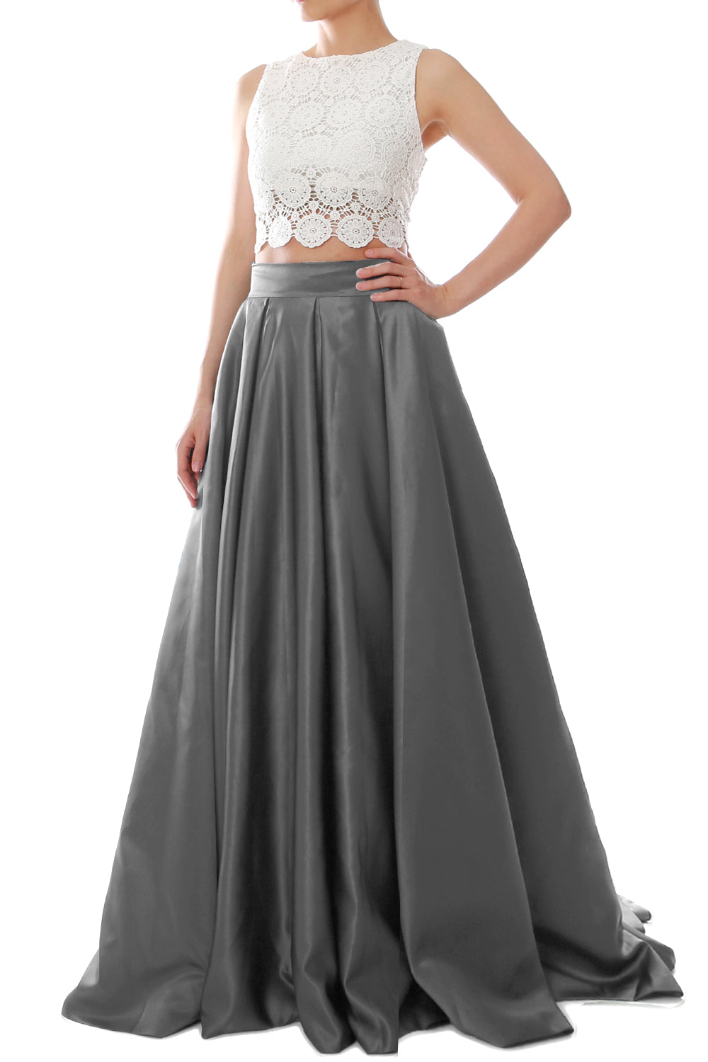 MACloth Women Two Piece O Neck Lace Long Prom Homecoming Dress Evening Ball Gown