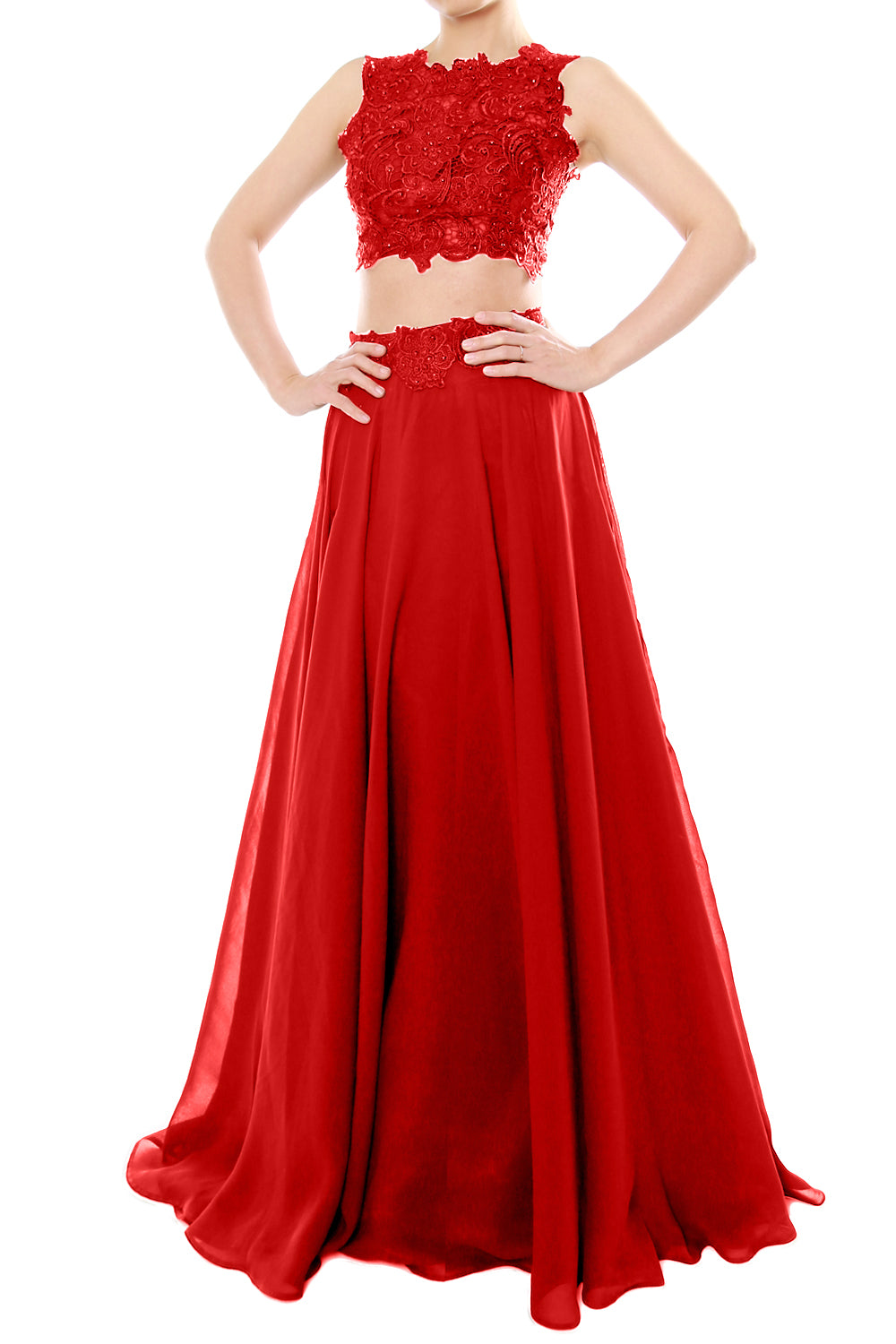 MACloth Vestido largo de gasa con encaje y cuello alto de dos piezas para mujer, vestido de fiesta formal para graduación