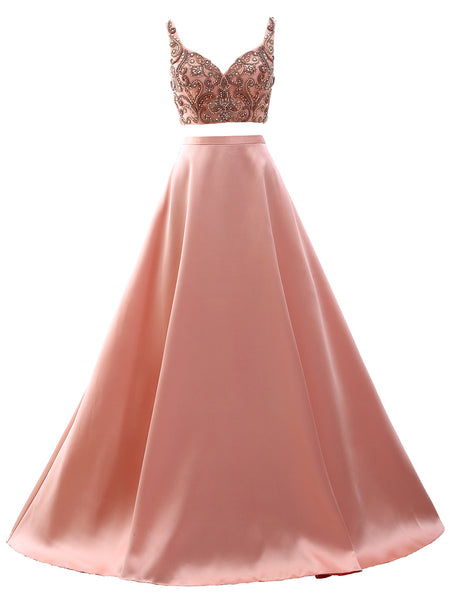 MACloth Women Two Piece V Neck Beaded Prom Dress Crop Top Formal Evening Gown