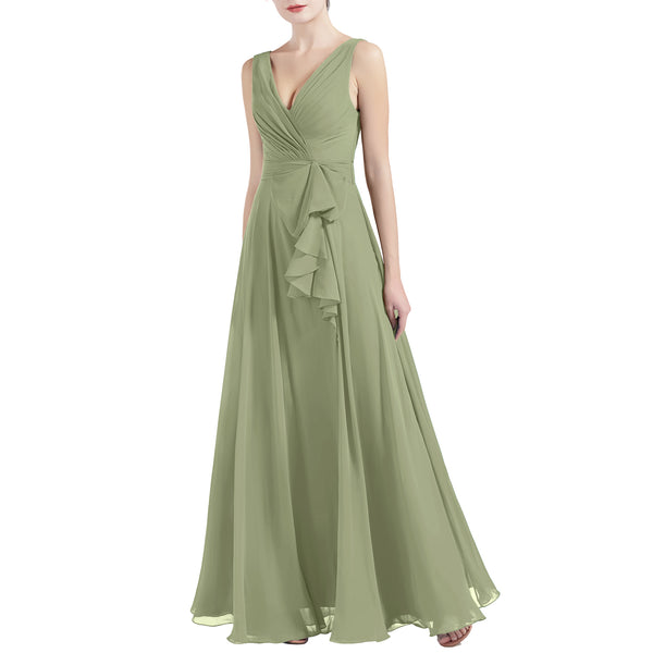 MACloth Women V Neck Long Pleated A Line Wedding Party Bridesmaid Dresses Slit