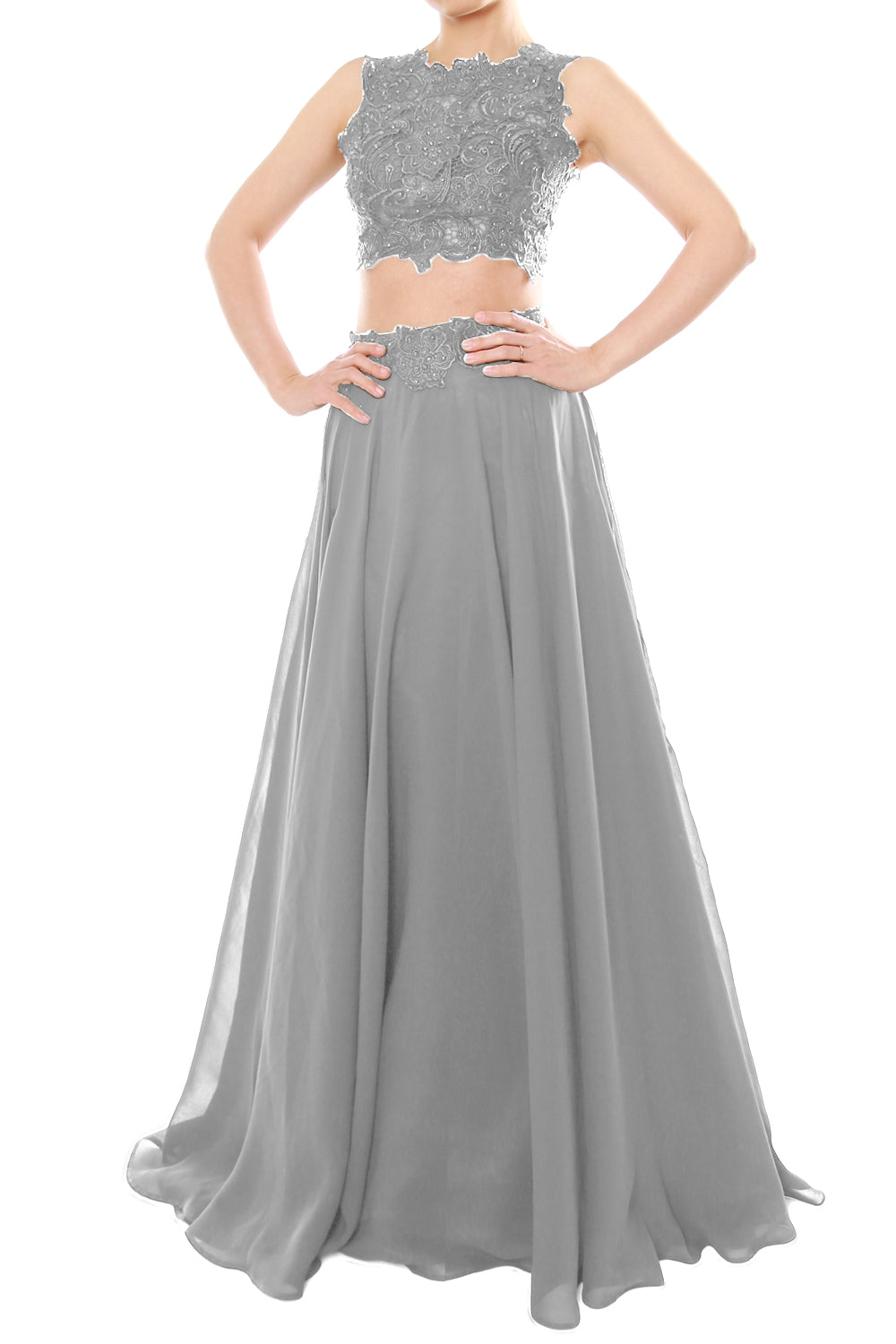 MACloth Vestido largo de gasa con encaje y cuello alto de dos piezas para mujer, vestido de fiesta formal para graduación