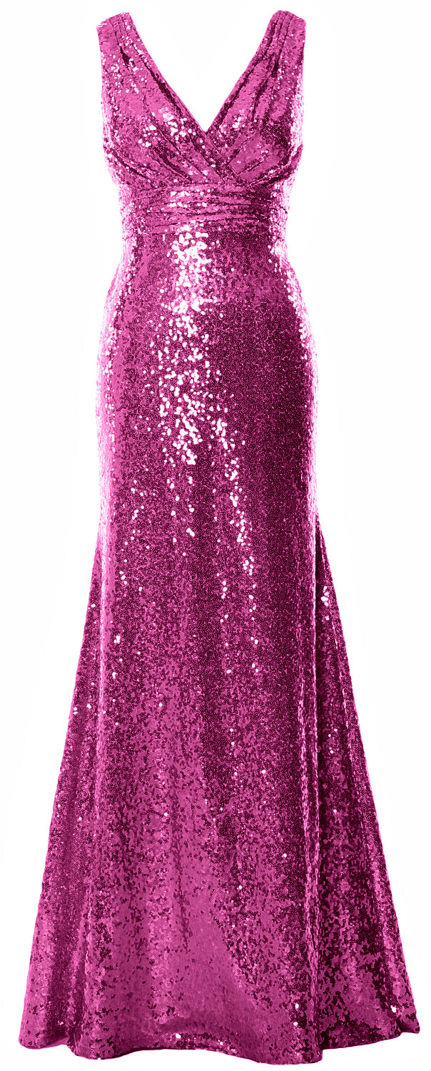 MACloth Women Mermaid V Neck Maxi Sequin Wedding Party Dresses Bridesmaid Prom