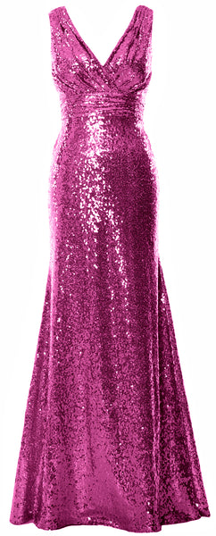 MACloth Women Mermaid V Neck Maxi Sequin Wedding Party Dresses Bridesmaid Prom