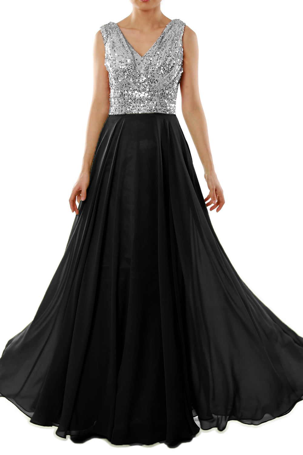 MACloth Women Sleeveless Long Bridesmaid Dresses V Neck Sequin Evening Gown