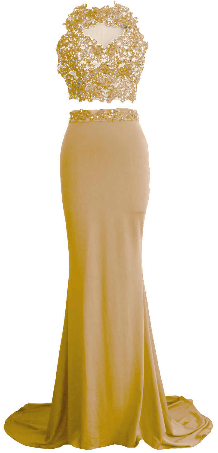 MACloth Damen Meerjungfrau 2-teiliges langes Ballkleid aus Spitze und Jersey, Abendkleid