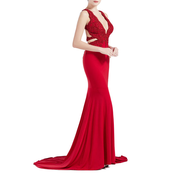 MACloth Women Mermaid V Plunging Neck Lace Long Prom Dresses Formal Evening Gown