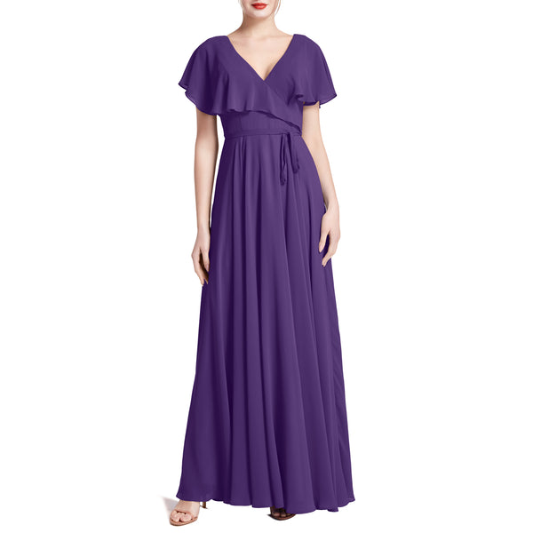 MACloth Women V Neck Ruffle BatWing Short Sleeve Maxi Wedding Bridesmaid Dresses