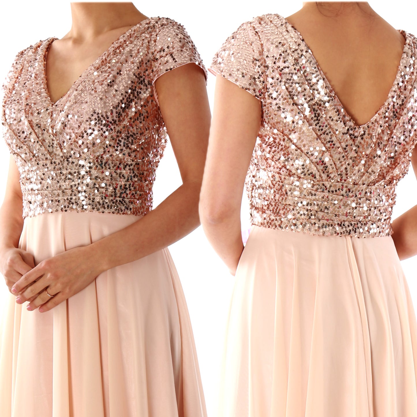 Cap Sleeves V Neck Sequin Chiffon Rose Gold Bridesmaid Dress