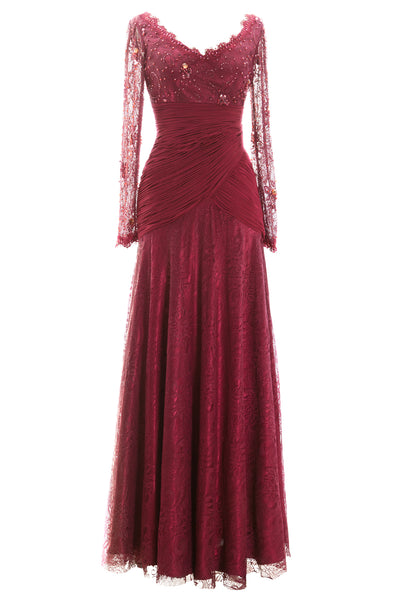 MACloth Women Long Sleeve V Neck Bead Mother of Bride Formal Dress Evening Gown