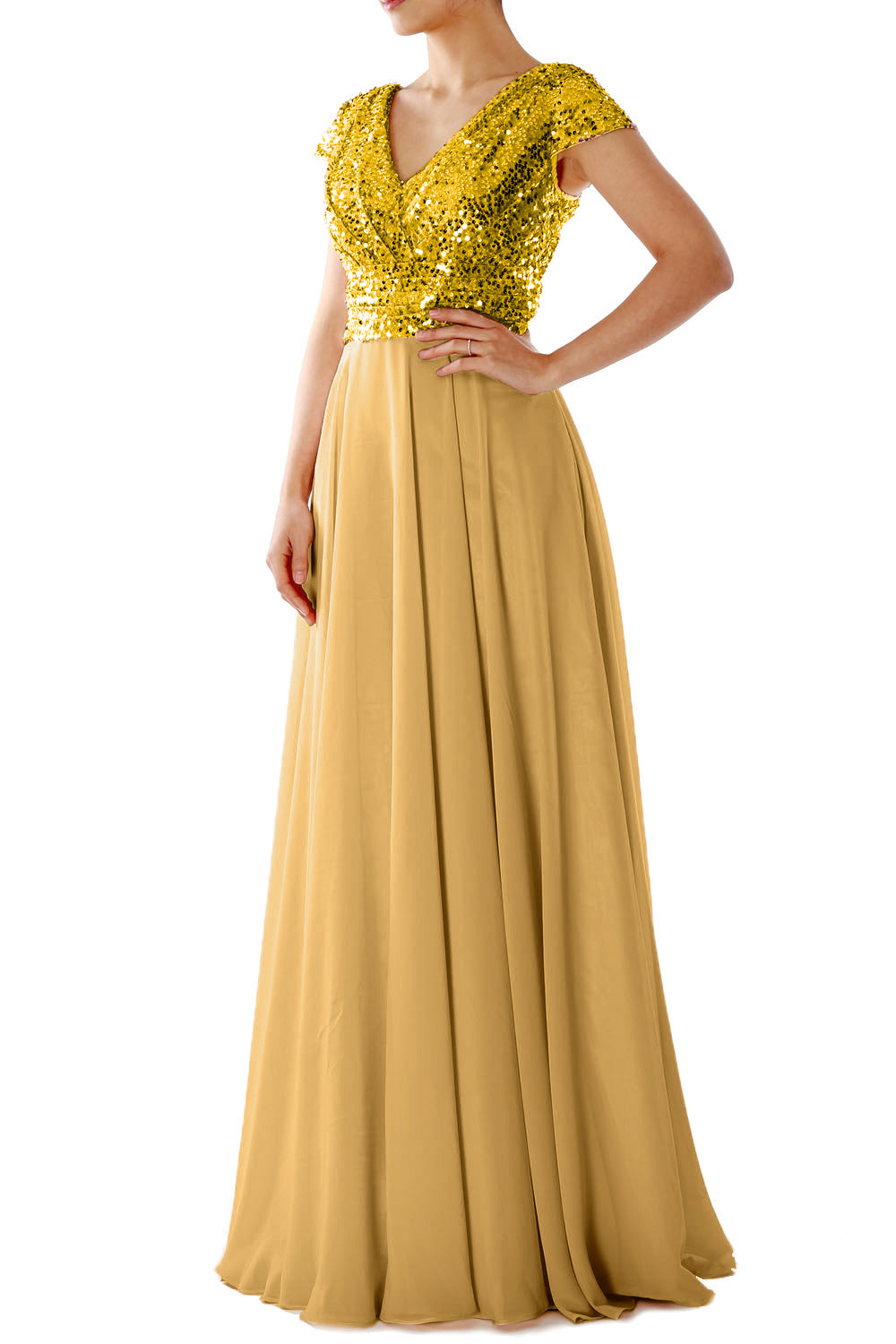 Vestido de dama de honor de gasa con lentejuelas, escote en V y mangas –  MACloth, image size:1000x1500