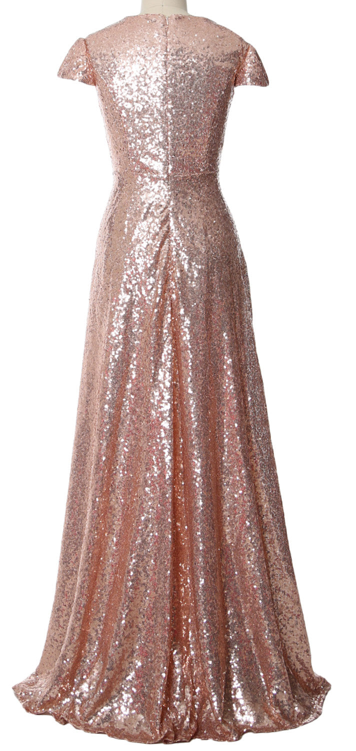 MACloth Women Cap Sleeves Long Sequin Mother Bride Dresses Bridesmaid BD Wine Red / Above Knee / US14