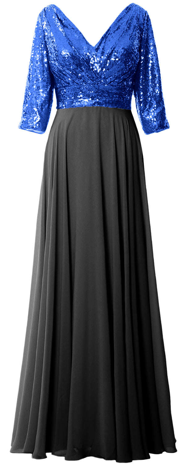 MACloth Damen Maxikleid mit langen Ärmeln und V-Ausschnitt und Pailletten