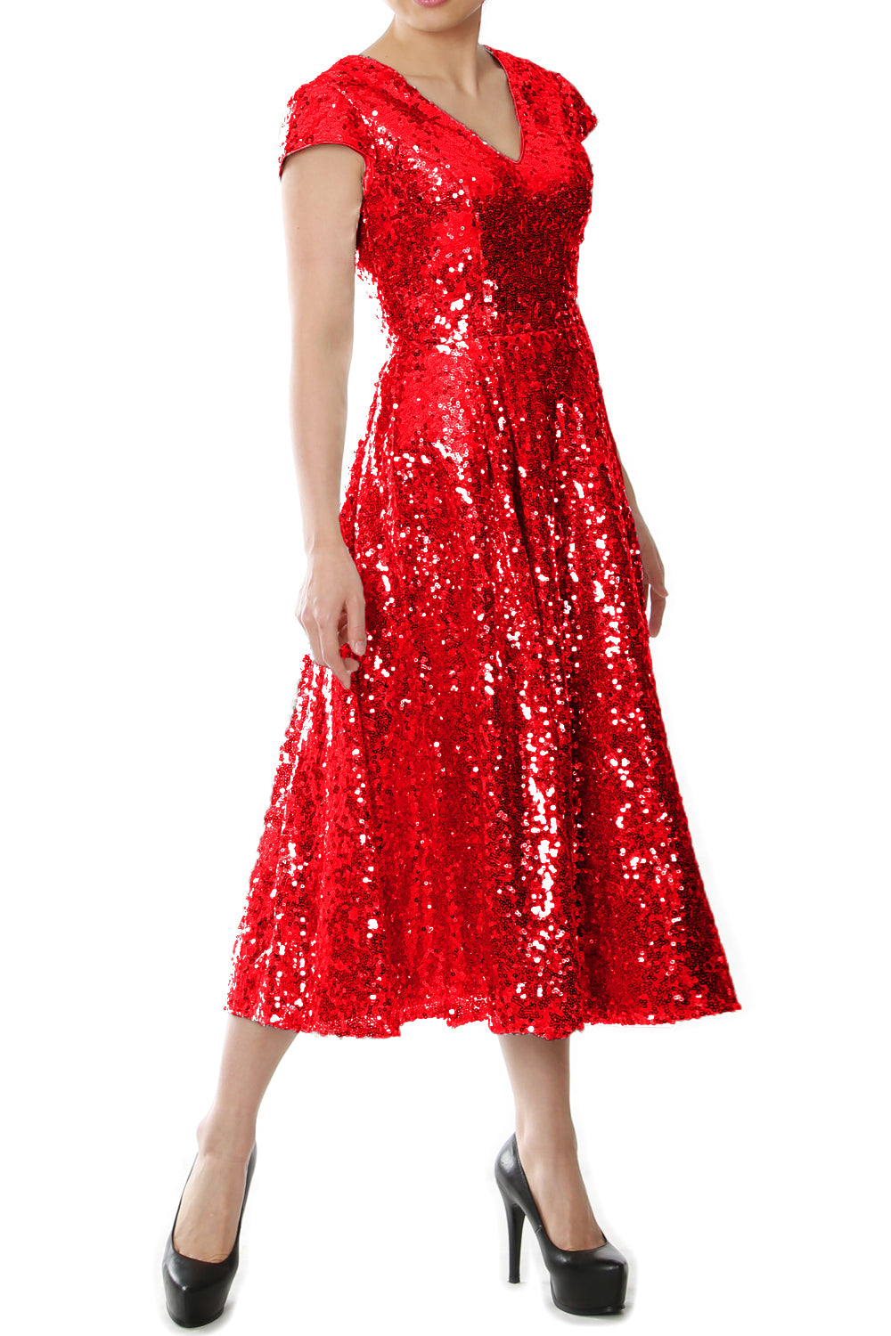 MACloth Damen Midi-Kleid für die Brautmutter, Pailletten, Flügelärmel, für Hochzeit, Party