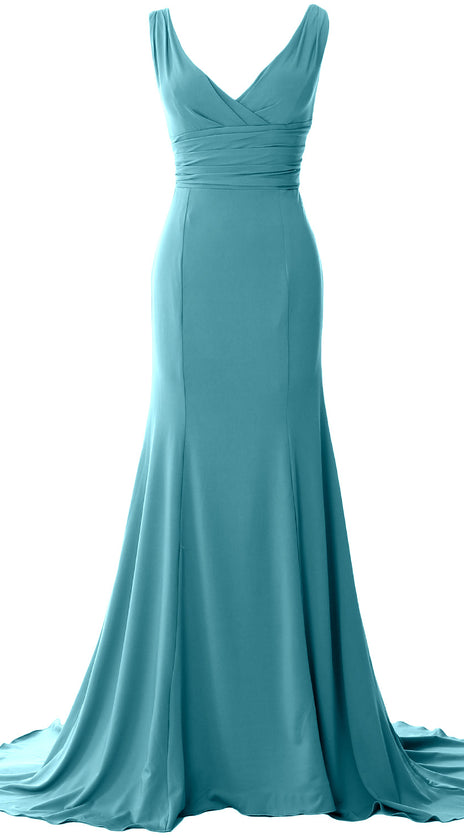 MACloth Long Mermaid Jersey Prom Dresses V-Neck Sleeveless Evening Party Gown