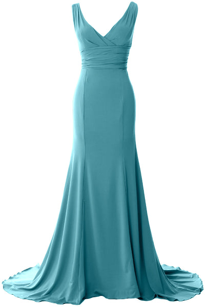 MACloth Long Mermaid Jersey Prom Dresses V-Neck Sleeveless Evening Party Gown