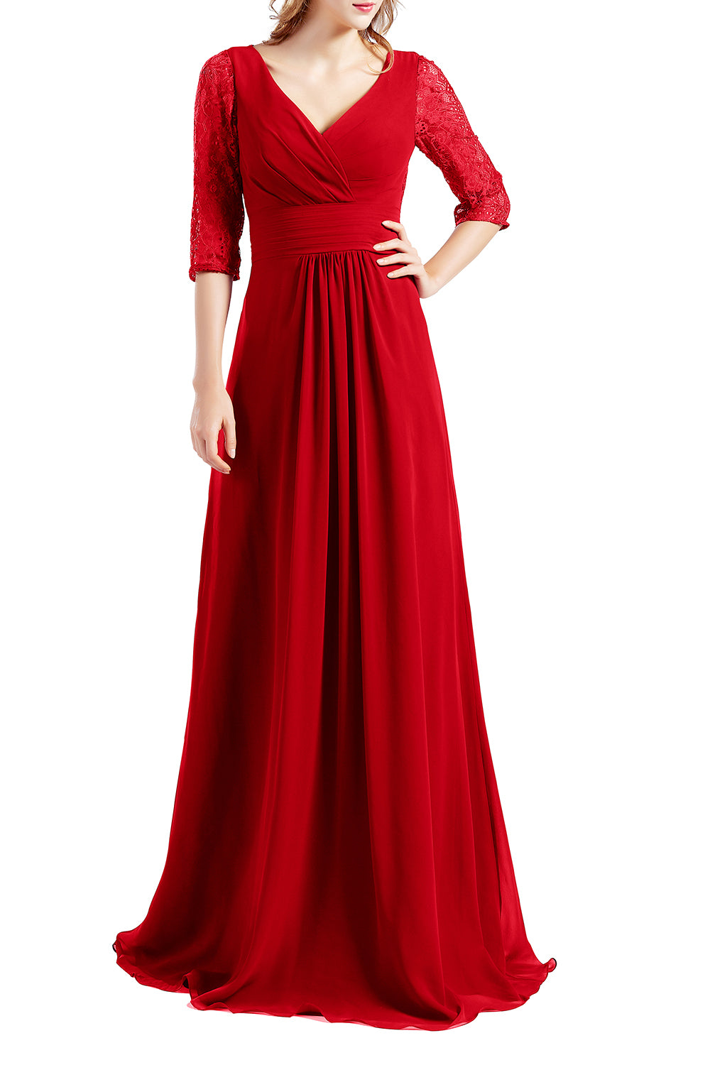 MACloth Damen-Kleid, Halbarm, V-Ausschnitt, Spitze, lang, für Hochzeit, Party, Brautjungfer, Mutter