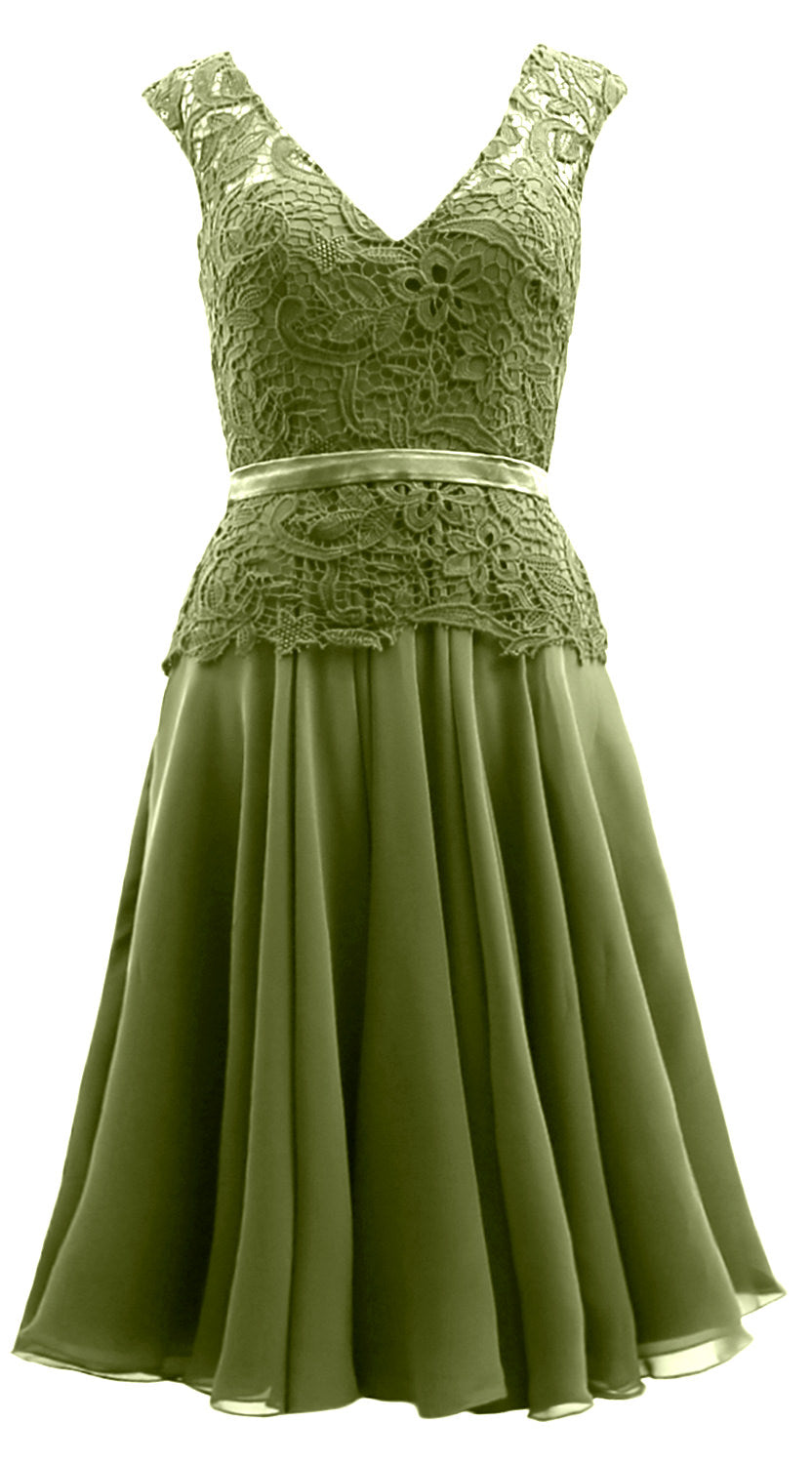 MACloth Women V Neck Lace Chiffon Party Formal Gown Midi Mother of Bride Dress