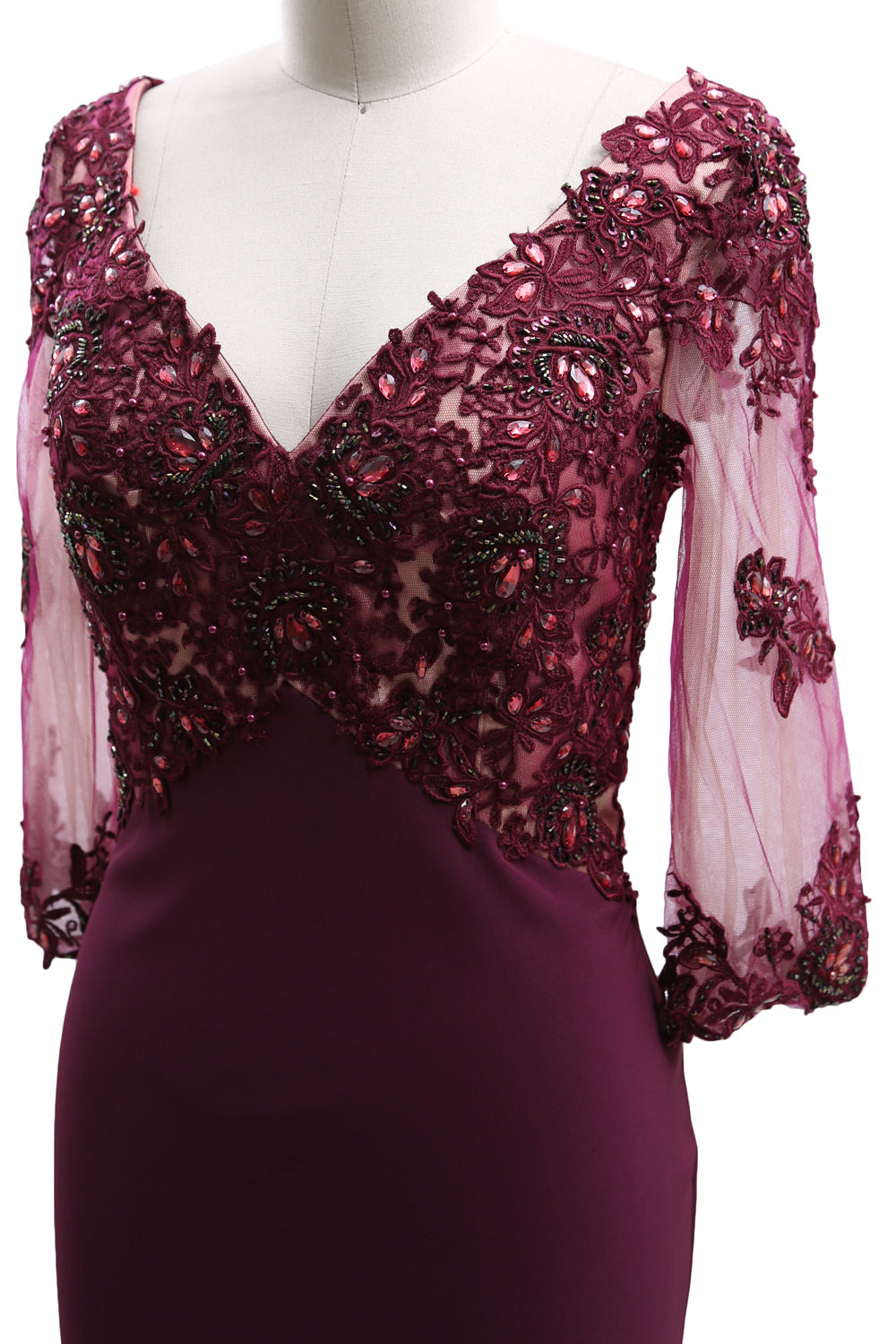 MACloth 3/4 Sleeves Illusion Lace Evening Gown V Neck Mother of the Bride Dress