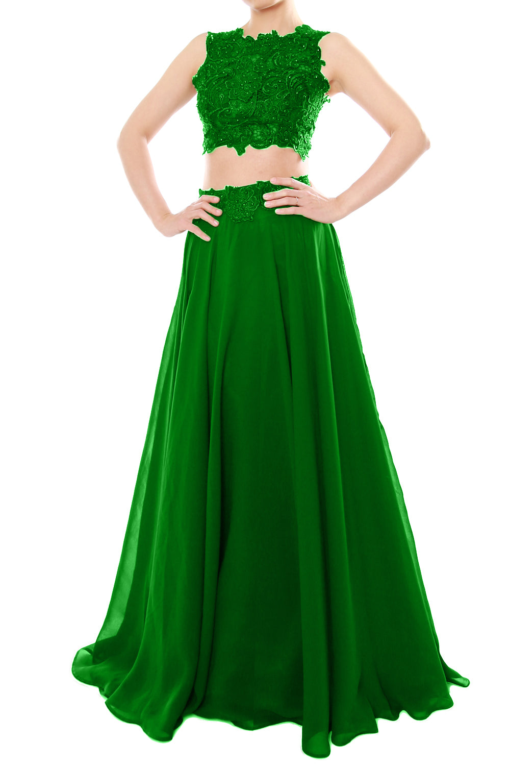 MACloth Vestido largo de gasa con encaje y cuello alto de dos piezas para mujer, vestido de fiesta formal para graduación