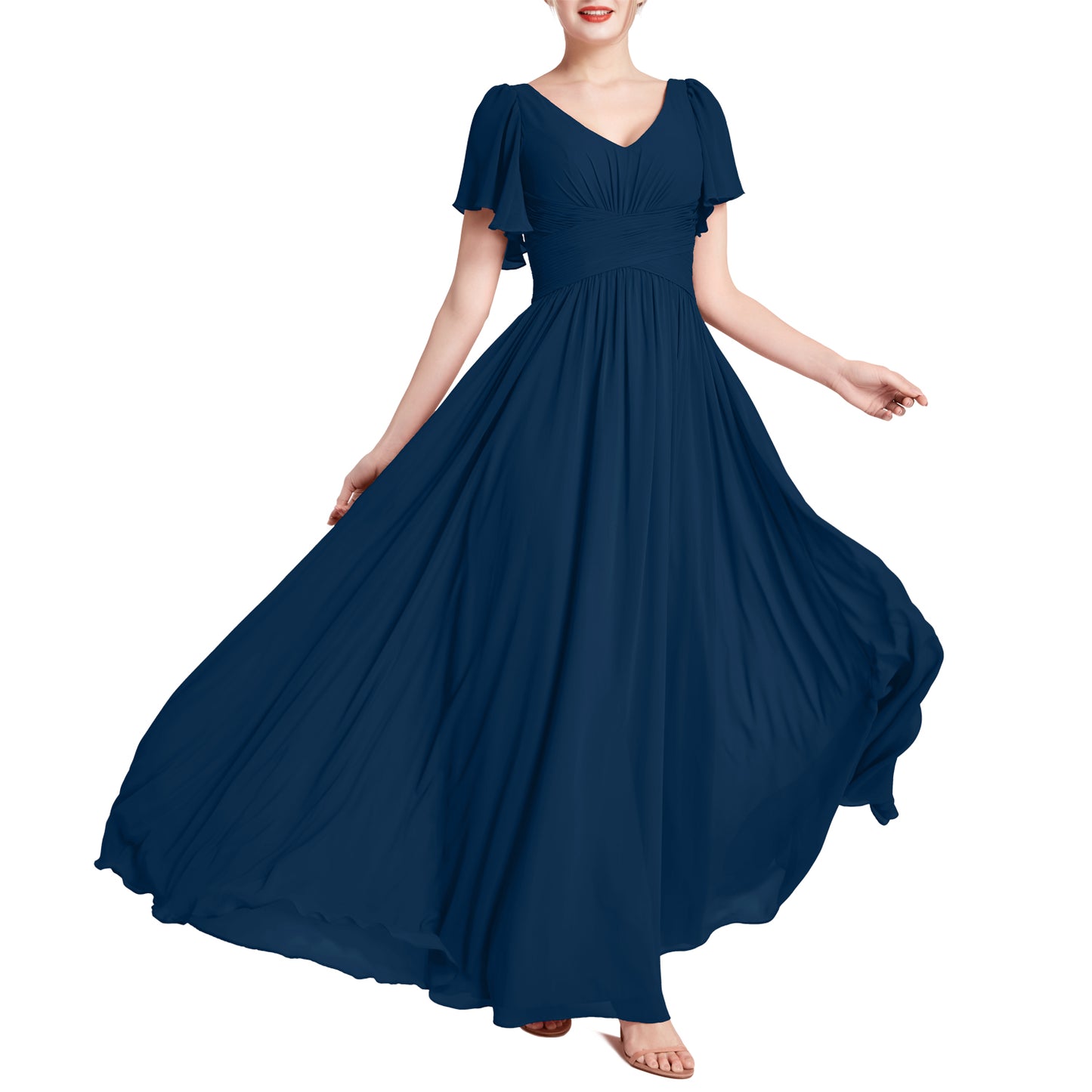 MACloth Vestidos de dama de honor románticos para fiesta de boda con cuello en V y manga corta para mujer