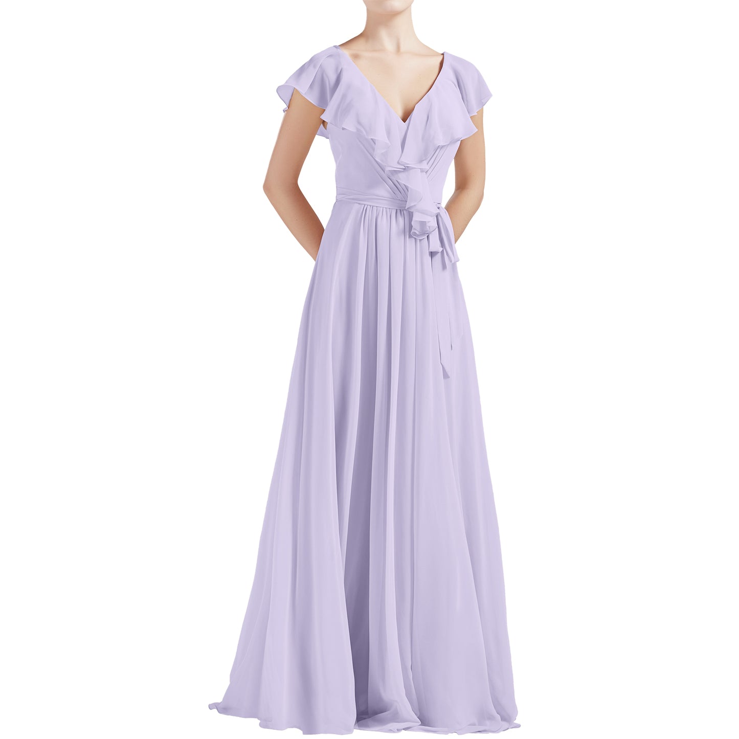 MACloth Women V Neck Ruffle Cap Sleeves Long Bridesmaid Dresses
