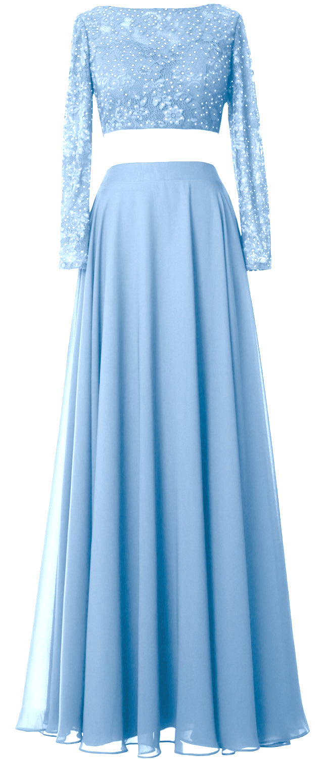 MACloth Damen Abendkleid aus Spitze und Chiffon, 2-teilig, lange Ärmel, Ballkleid