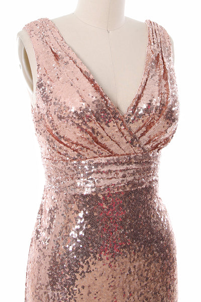 MACloth Women Mermaid V Neck Maxi Sequin Wedding Party Dresses Bridesmaid Prom