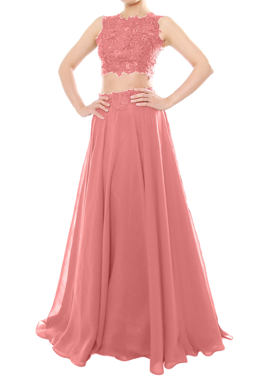 MACloth Vestido largo de gasa con encaje y cuello alto de dos piezas para mujer, vestido de fiesta formal para graduación