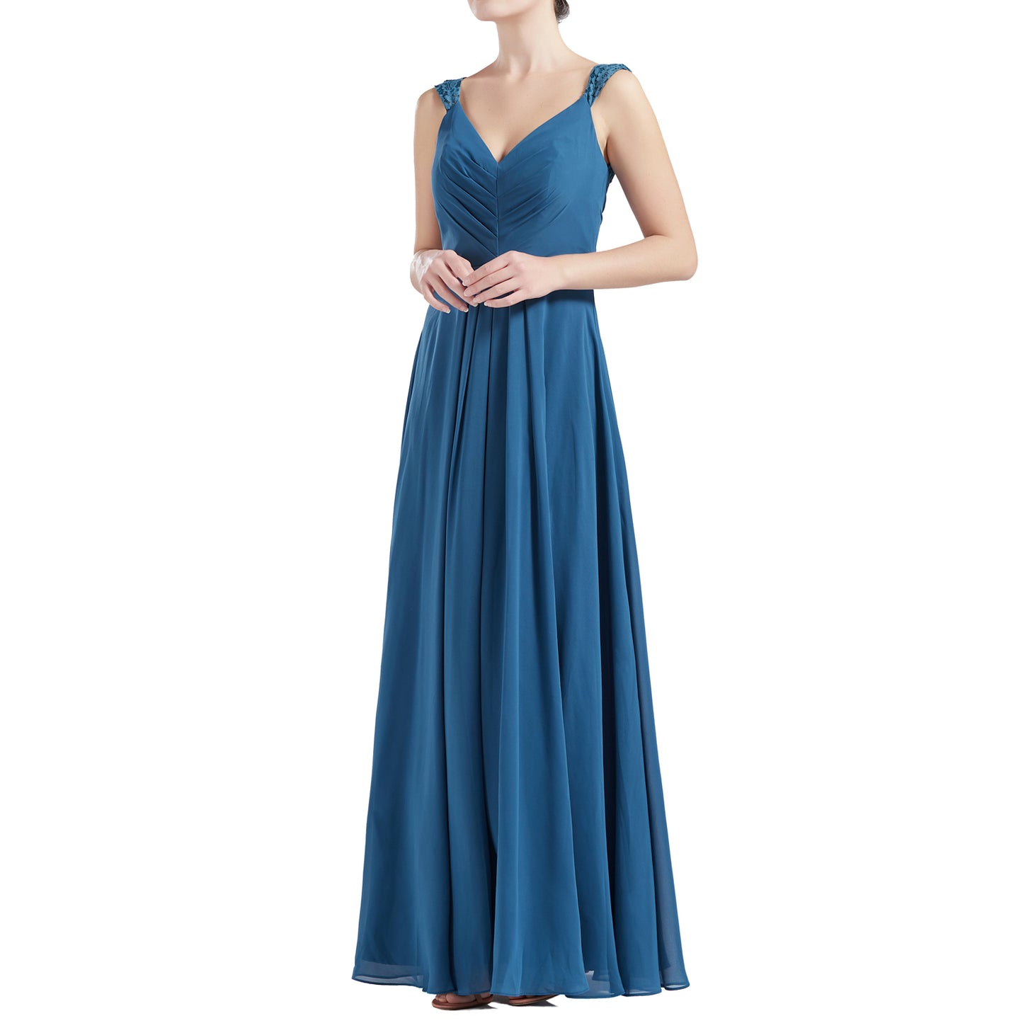 MACloth Women V Neck Lace Chiffon A Line Maxi Wedding Party Bridesmaid Dresses