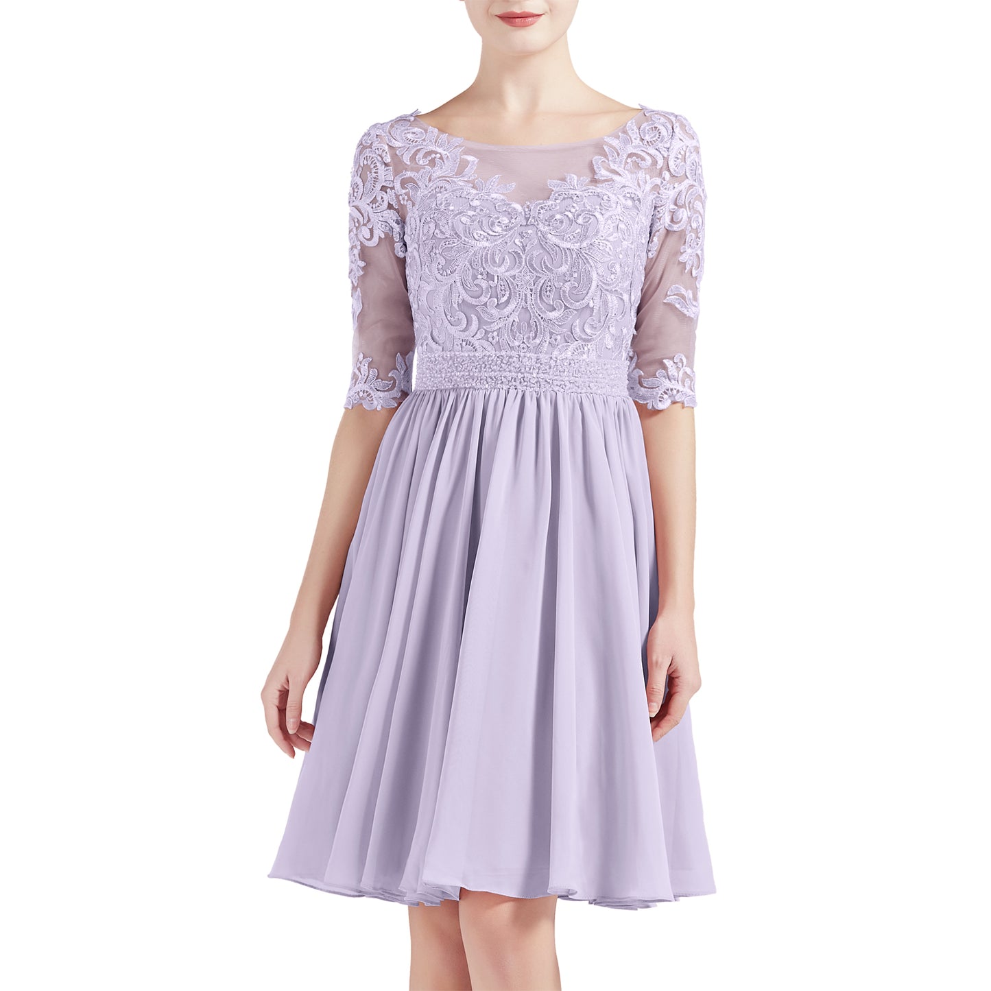 MACloth Women Half Sleeves Short Lace Beading Boat Neckline Mother of Bride Dresses Wedding Bridal Party