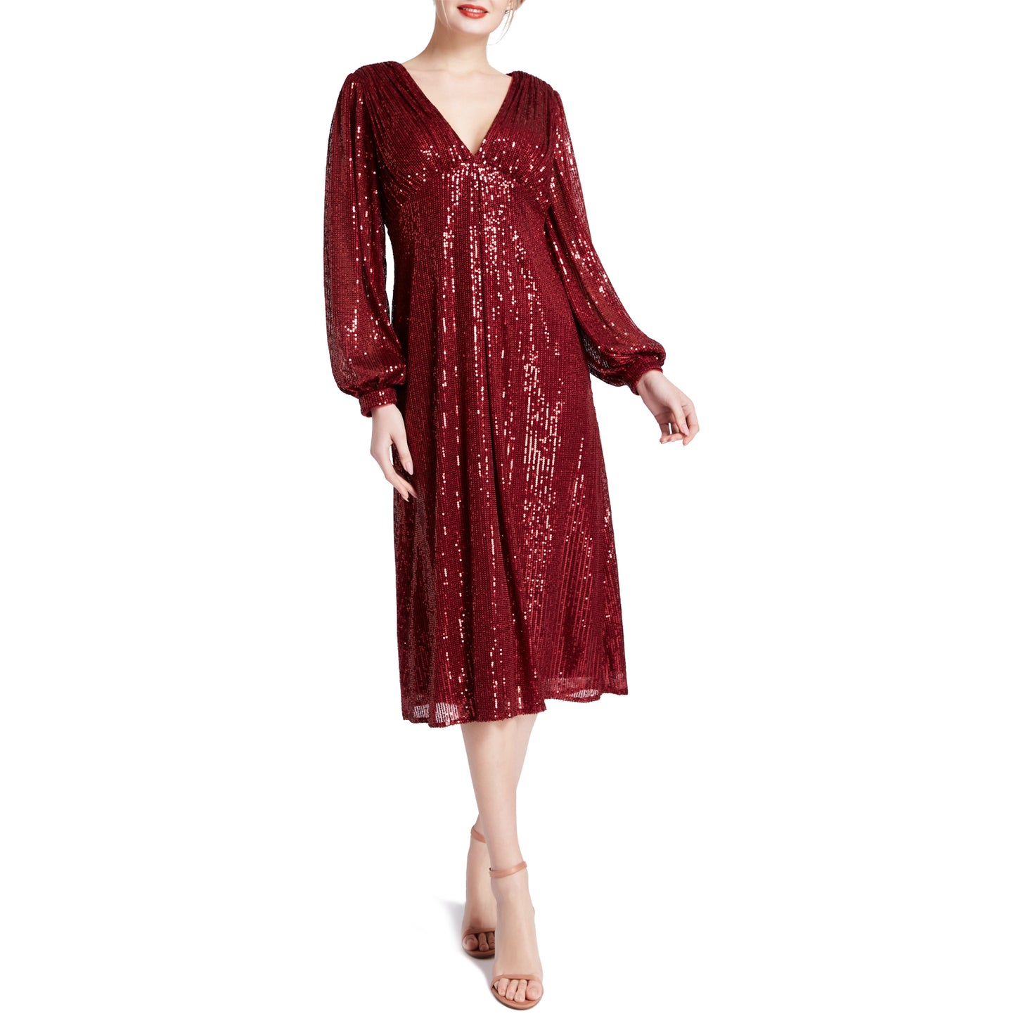 MACloth Women Tea Length Long Puff Sleeve Empire Sequin Cocktail Party Dresses