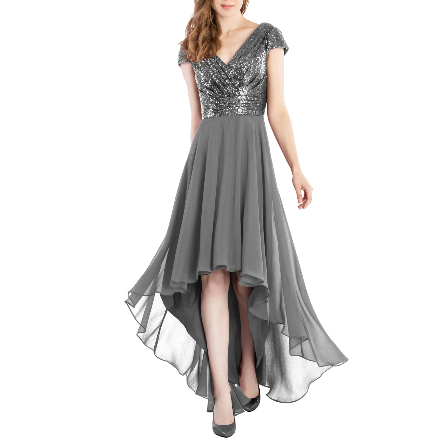 MACloth Mother of Bride Dresses Cap Sleeves High Low Sequin Wedding Formal Gown Silver Black / Above Knee / Custom Size MACloth Mother of Bride Dresses Cap Sleeves High Low Sequin Wedding Formal Gown Silver Black / Above Knee / Custom Size