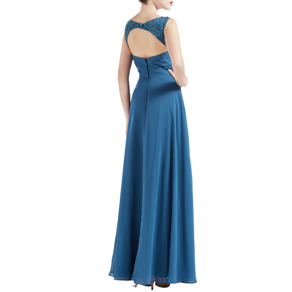 MACloth Women V Neck Lace Chiffon A Line Maxi Wedding Party Bridesmaid Dresses