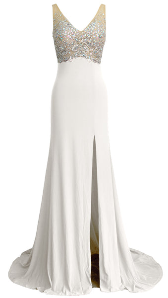 MACloth Elegant Mermaid V Neck Long Prom Dress Jersey Formal Party Evening Gown