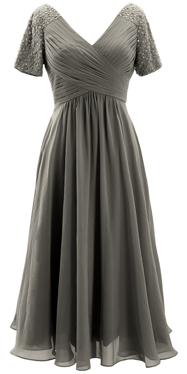 MACloth Women Midi Mother Bride Dresses Short Sleeves Wedding Guest Tea Length Gray / Floor Length / US2