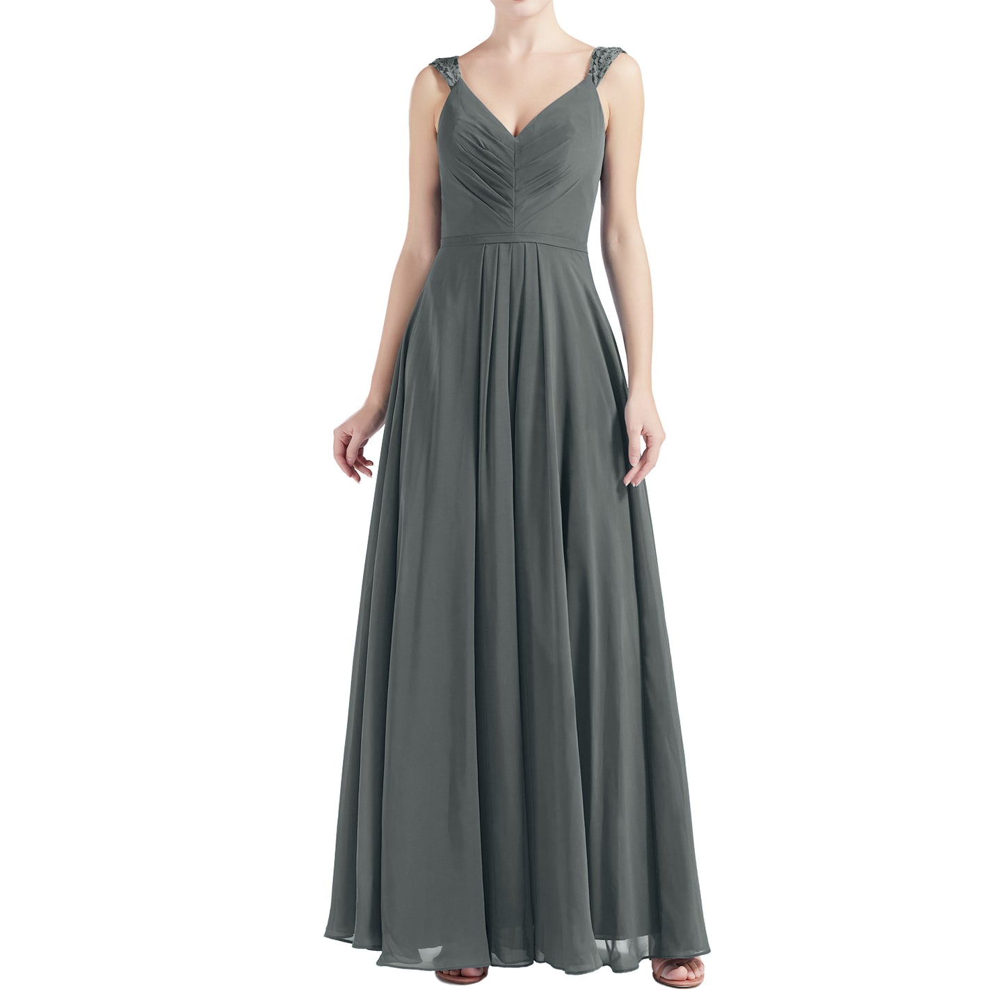 MACloth Women V Neck Lace Chiffon A Line Maxi Wedding Party Bridesmaid Dresses