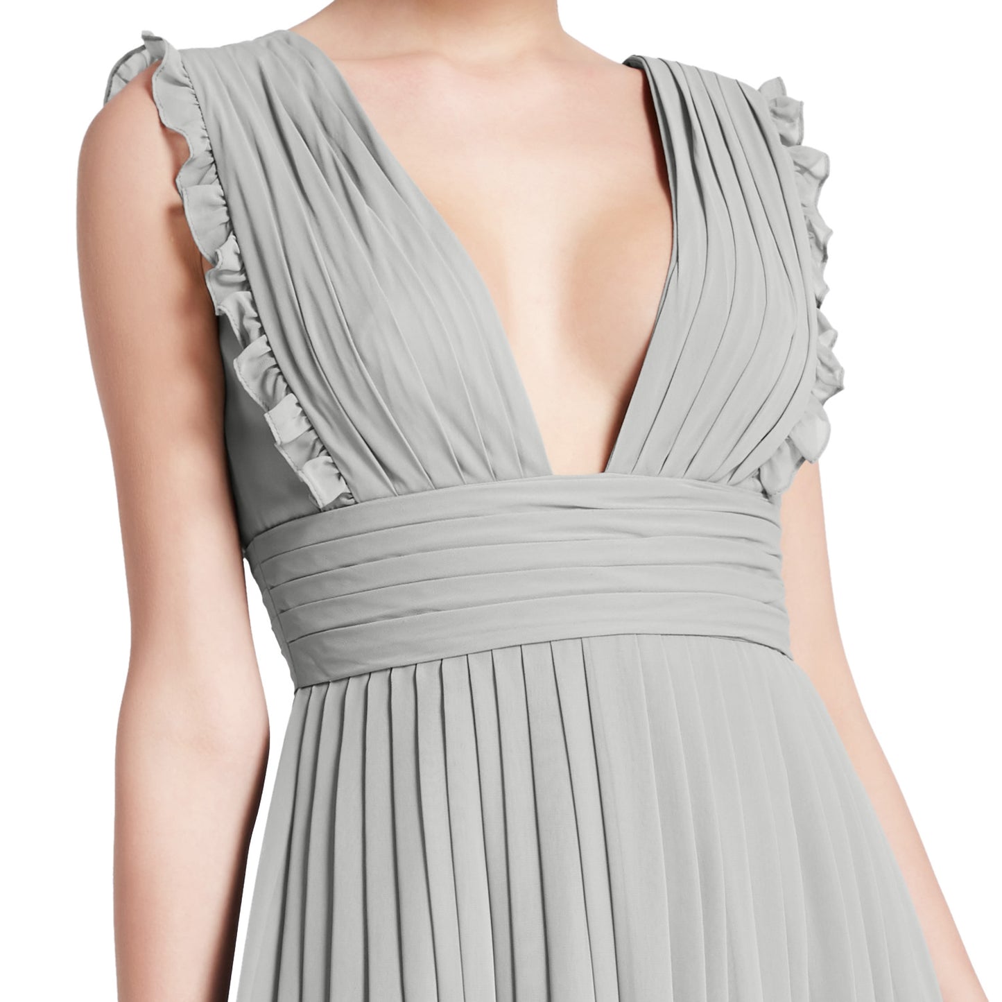 MACloth Women V Neck Ruffle Long Pleated Wedding Party Bridesmaid Dresses