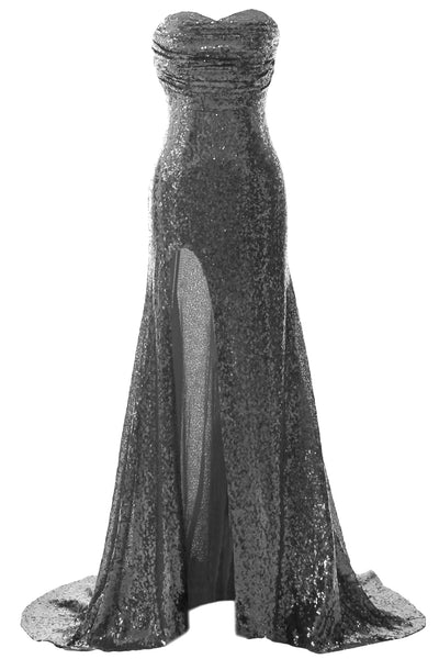 MACloth Sequin Prom Dresses Mermaid Strapless Formal Evening Gown with Split