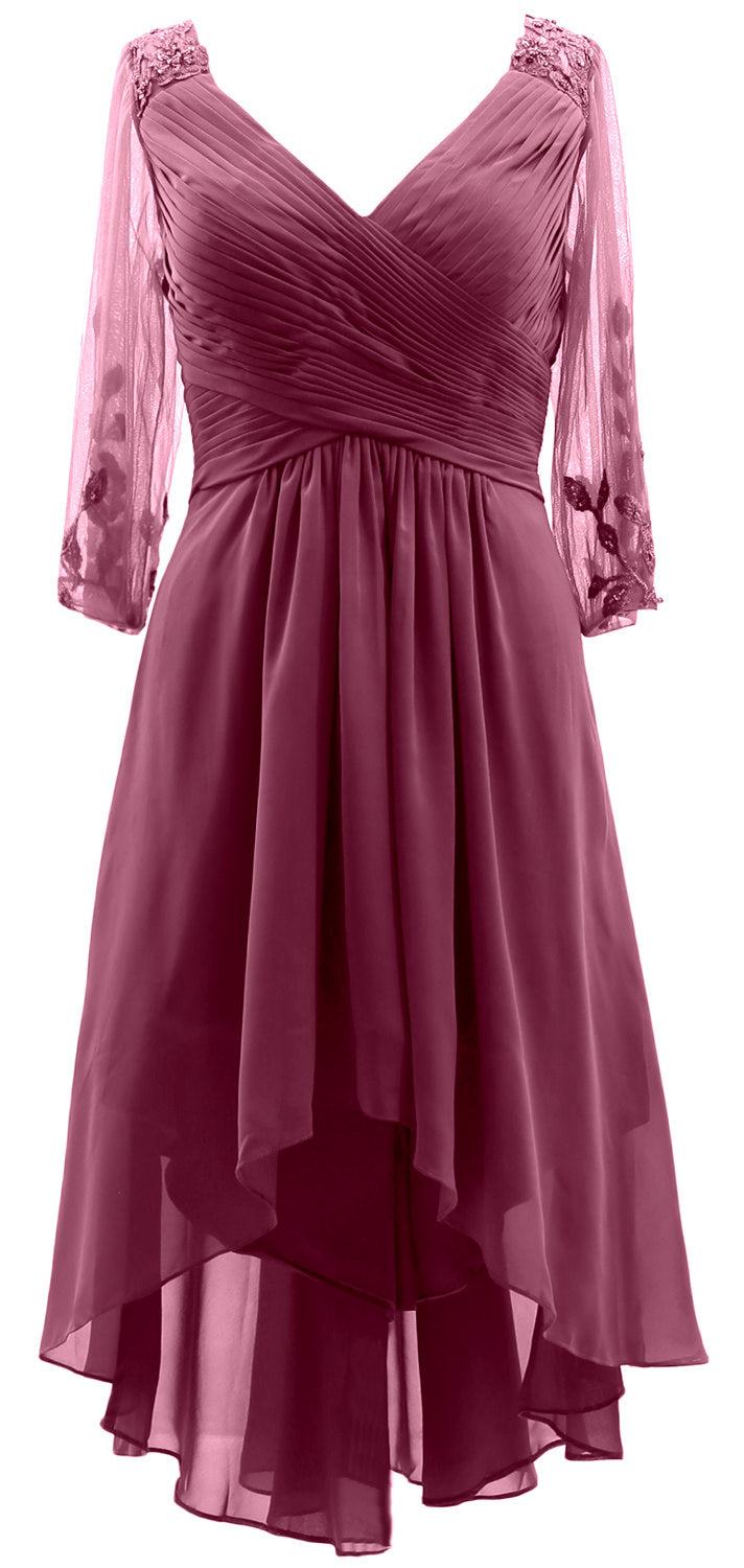 MACloth Damen Abendkleid mit V-Ausschnitt, High Low, für die Brautmutter, mit Ärmeln