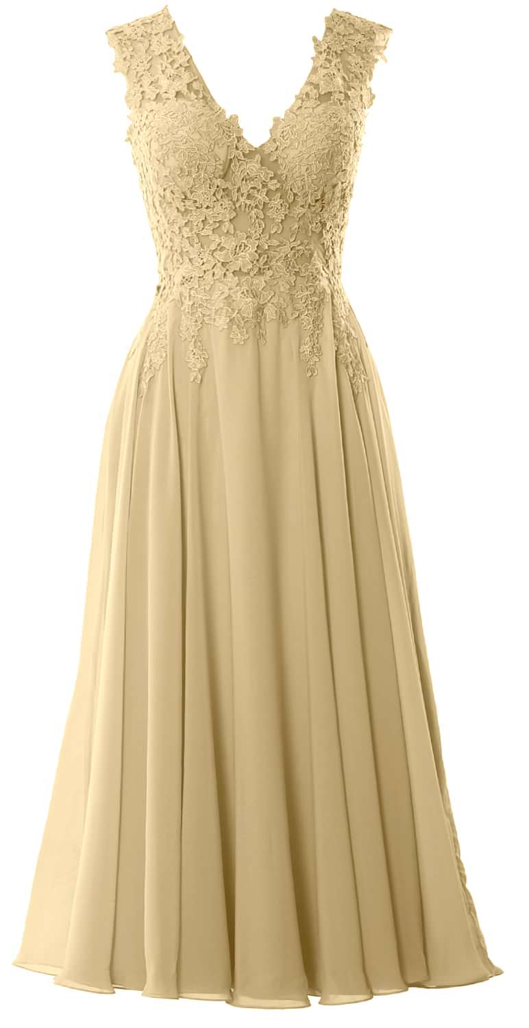 MACloth Women V Neck Lace Mother Bride Dresses Midi Tea Length Wedding Dinner