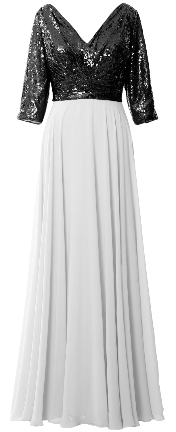 MACloth Damen Maxikleid mit langen Ärmeln und V-Ausschnitt und Pailletten