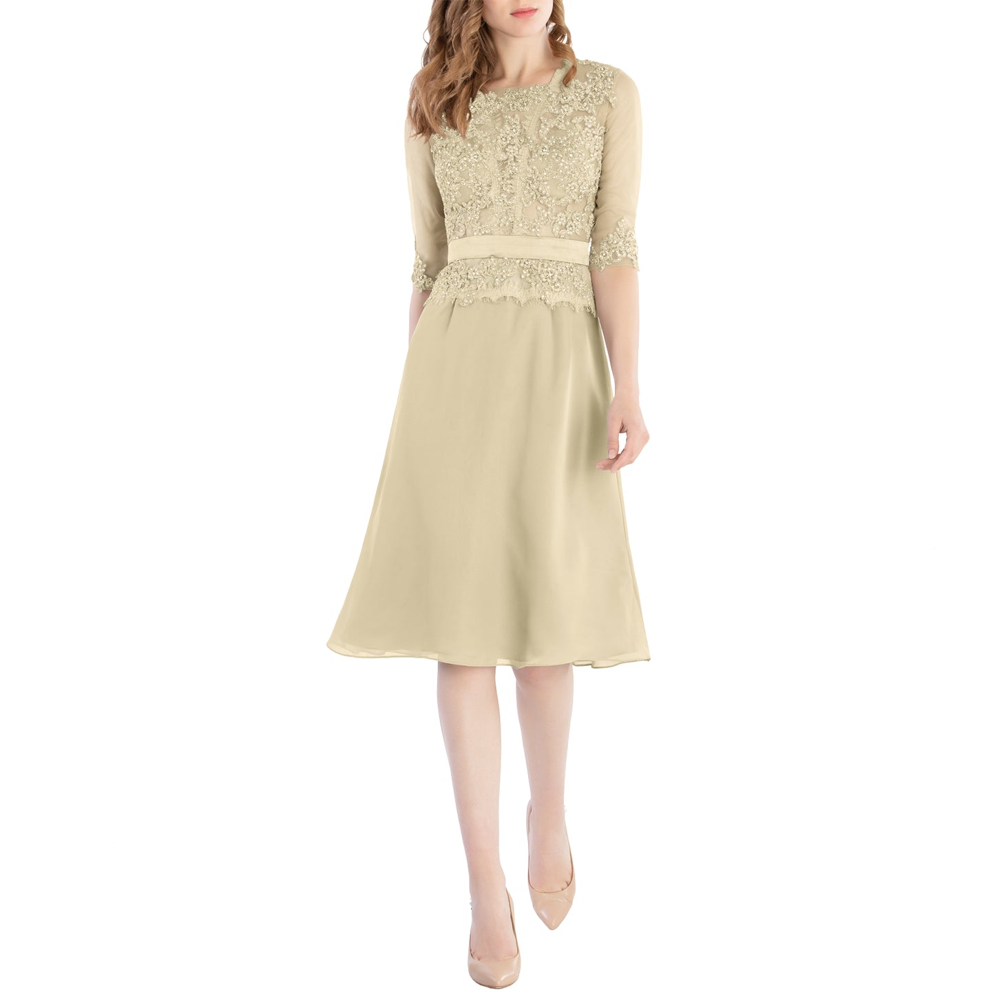 MACloth Damen-Kleid mit Rundhalsausschnitt, Perlenspitze, kurze Halbärmel, für die Brautmutter, Hochzeit, Brautparty