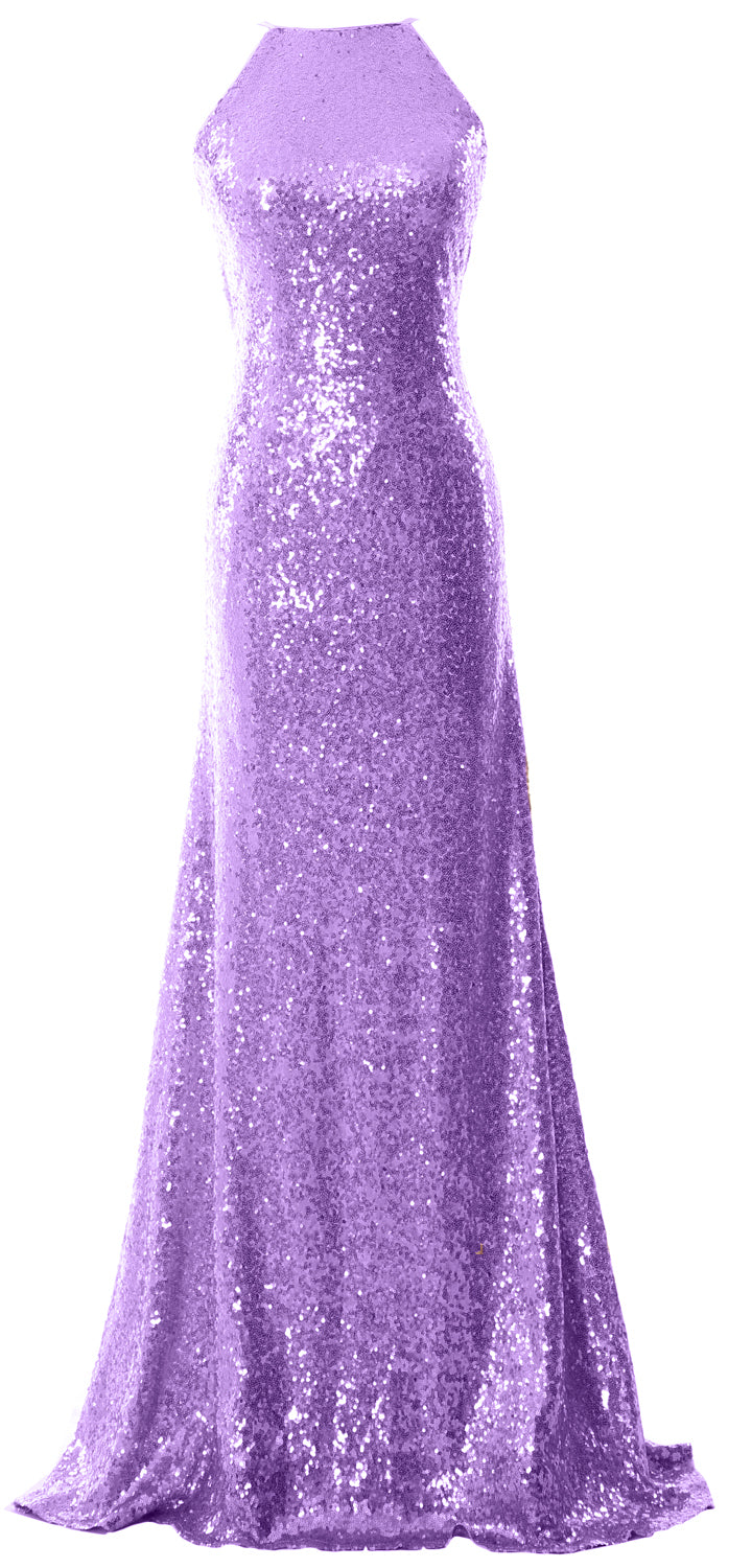 MACloth Women Bridesmaid Dress Sequin Long Halter Cowlback Prom Ball Gown