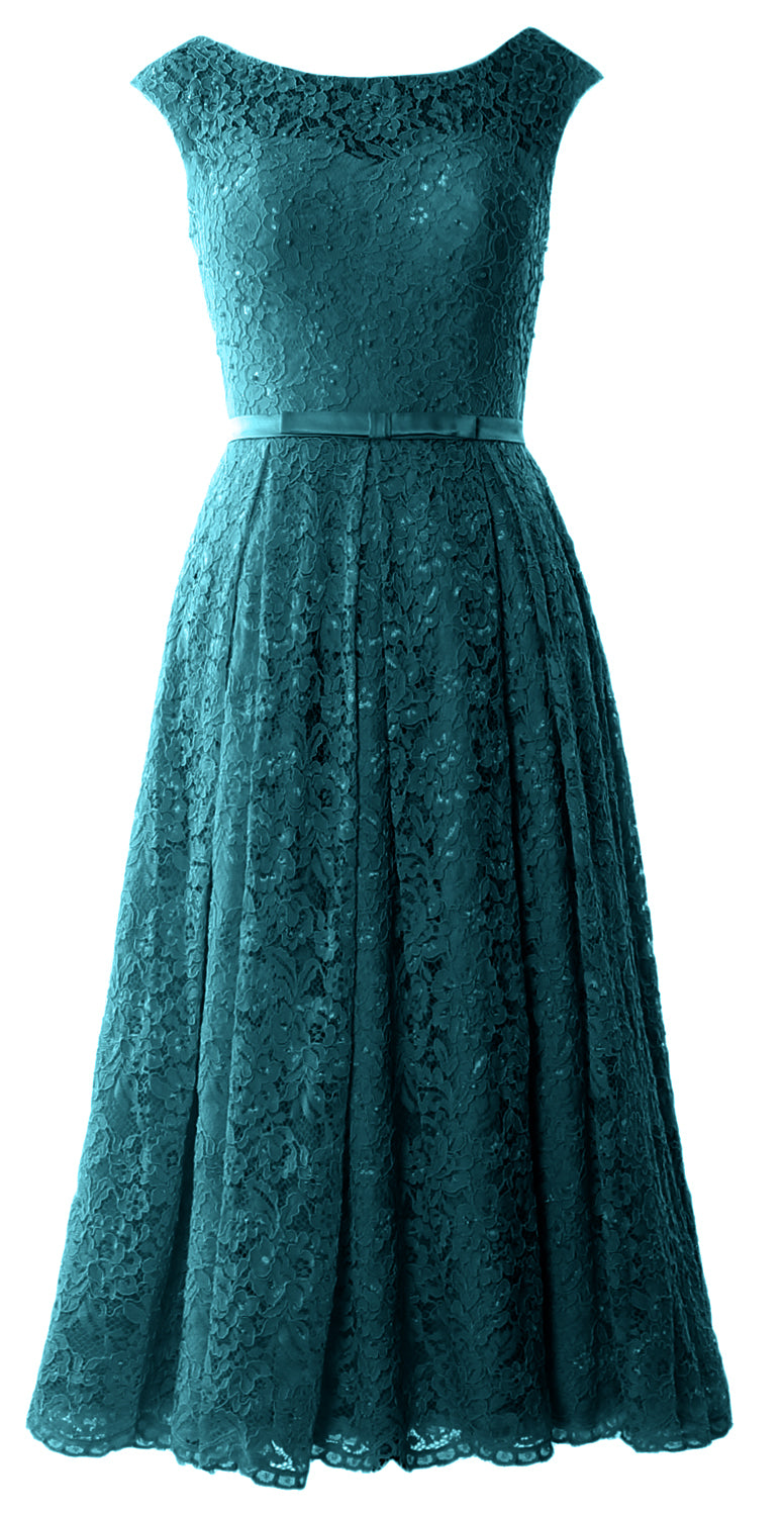 MACloth Women Tea Length Mother Bride Gown Dresses Cap Sleeve Lace Midi Corset