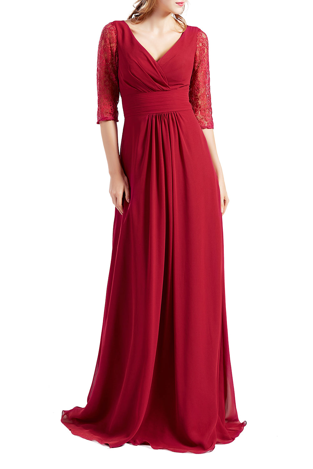 MACloth Damen-Kleid, Halbarm, V-Ausschnitt, Spitze, lang, für Hochzeit, Party, Brautjungfer, Mutter
