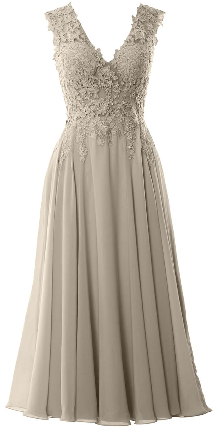 MACloth Women V Neck Lace Mother Bride Dresses Midi Tea Length Wedding Dinner