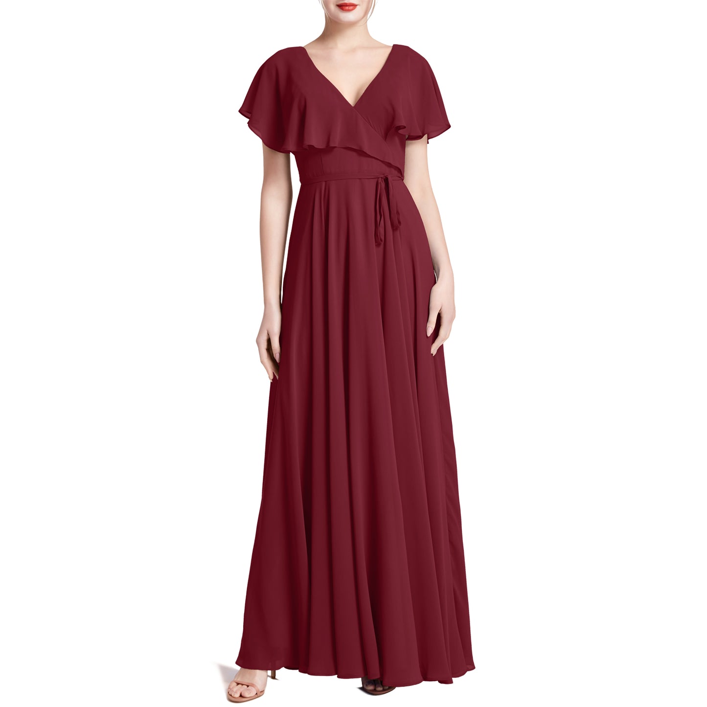 MACloth Women V Neck Ruffle BatWing Short Sleeve Maxi Wedding Bridesmaid Dresses