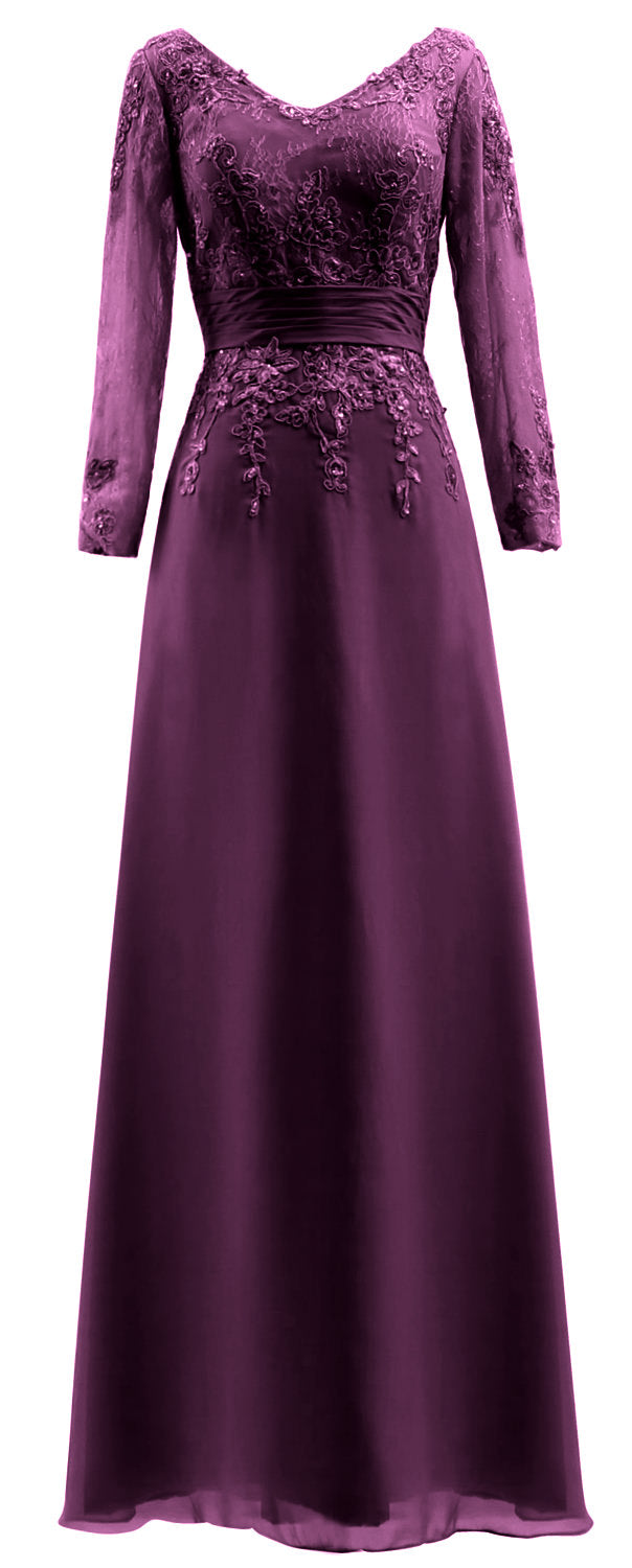 MACloth Vestidos de madre de la novia Mangas largas Cuello en V Encaje Vestido de noche formal